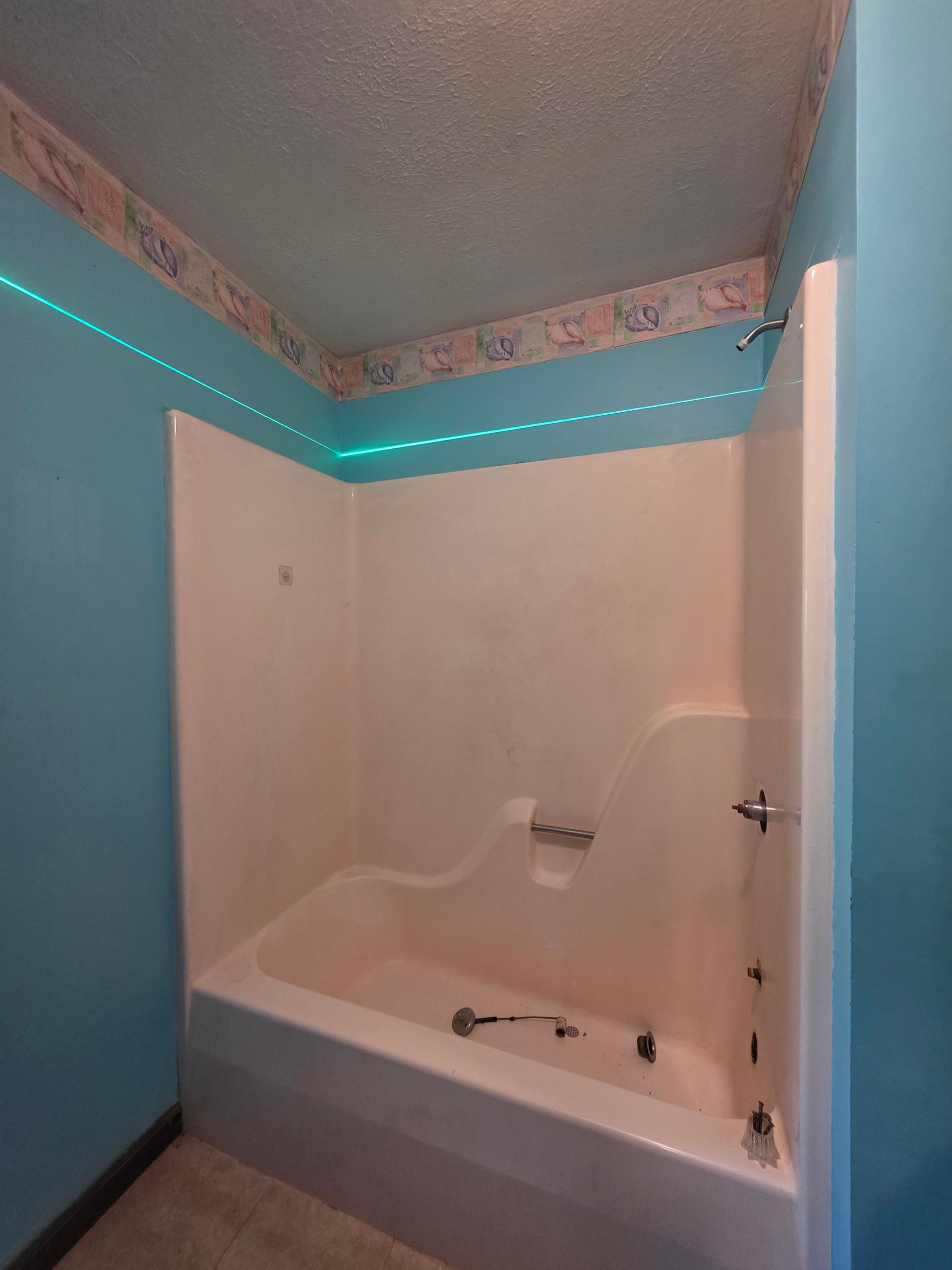 Light blue bathroom with a white shower/tub combo. A strip of green lights is mounted near the ceiling.