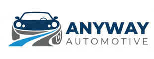 Logo voor "Anyway Automotive": een blauwe auto met een logo op een grijze weg met donkerblauwe tekst.