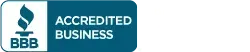 BBB Accredited Business logo. A blue rectangle with a white flame symbol and text.
