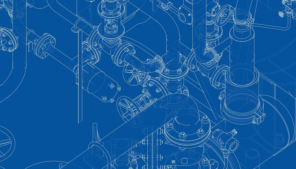 Blue blueprint of complex pipes and machinery.