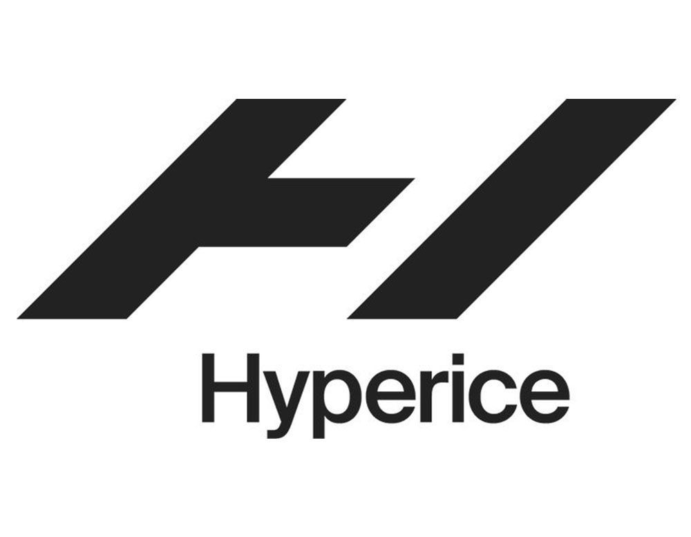 A black and white logo for hyperice on a white background.