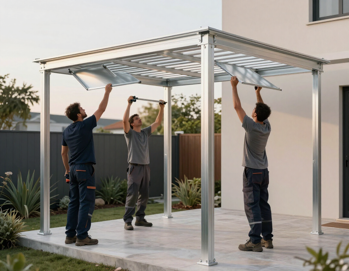 Tre persone in abiti da lavoro assemblano la struttura metallica di una pergola sul patio di un'abitazione.