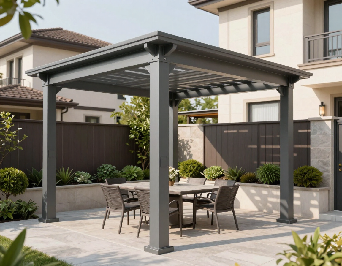 Un pergolato grigio sopra un set da pranzo su un patio in pietra in un giardino moderno.