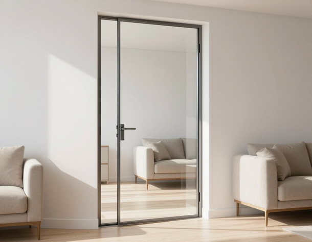 In un luminoso soggiorno moderno, una porta a vetri alta e minimalista con una sottile cornice nera è posizionata al centro tra due divani beige.