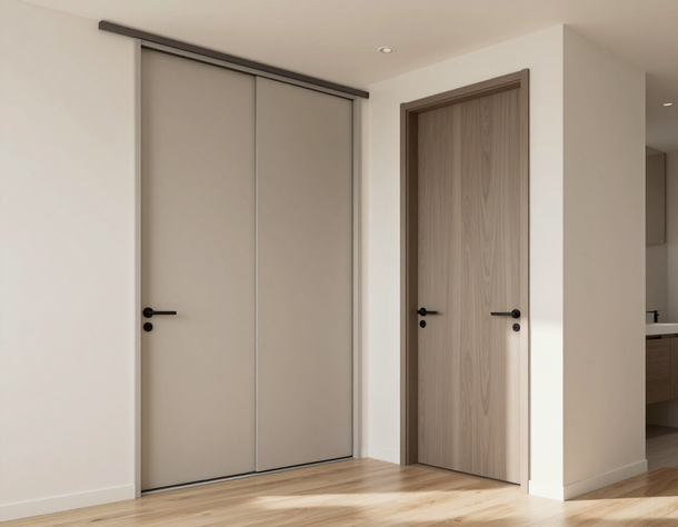 In una stanza moderna e minimalista, una porta scorrevole a doppia anta color beige liscio si affianca a una porta a battente con finitura effetto legno.
