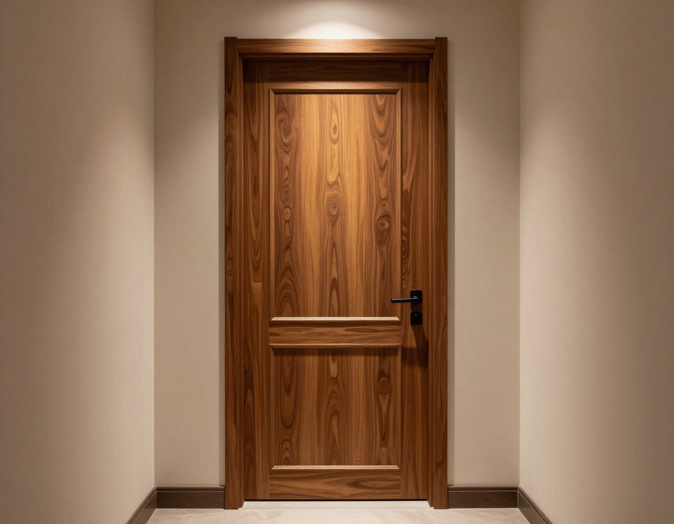 Una porta di legno con venatura verticale e maniglia nera, posizionata al centro di un corridoio con pareti e pavimento chiari.