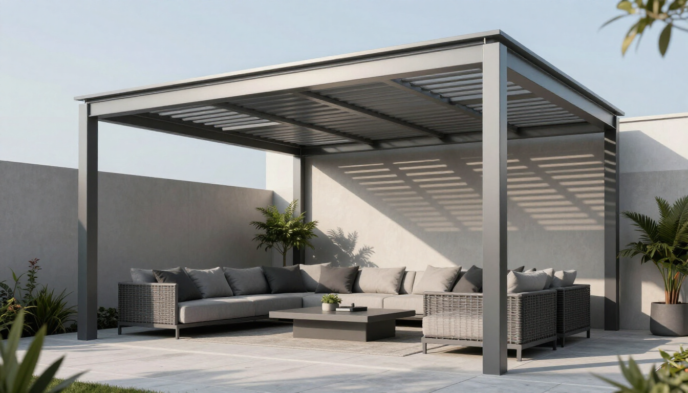 Una moderna pergola grigia sopra un divano componibile in vimini e un tavolino da caffè su un patio esterno pavimentato, contro un muro bianco.