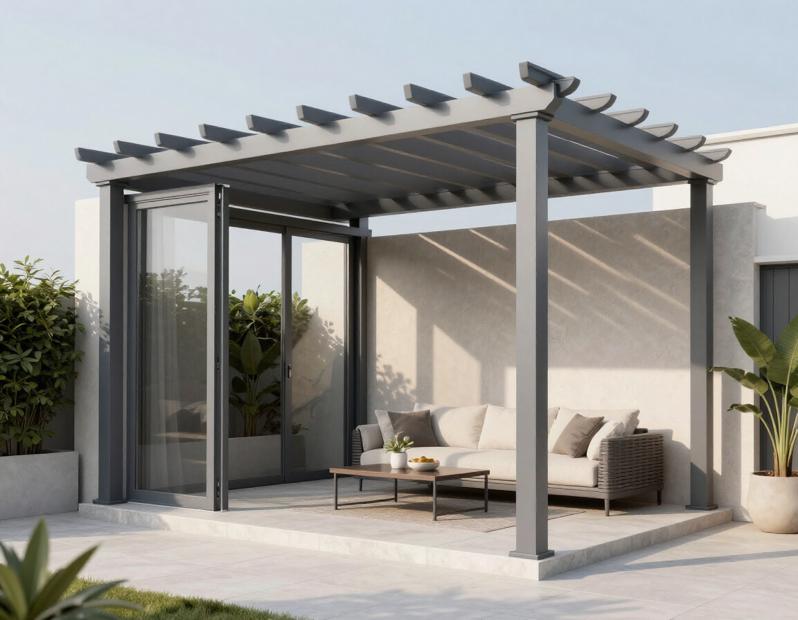 Una pergola in metallo grigio su un patio, con una sezione vetrata, mobili da esterno e rigogliose piante in vaso.