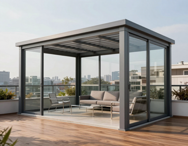 Una moderna struttura da patio con telaio in vetro grigio, situata su una terrazza sul tetto e arredata con mobili da esterno.