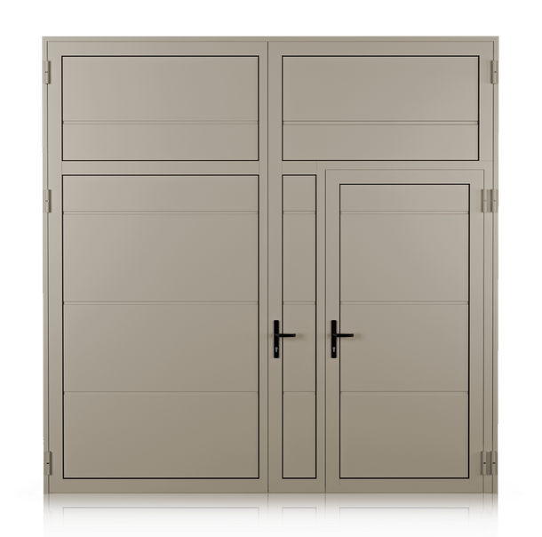 Vista orizzontale dall'interno di un garage, attraverso una porta sezionale parzialmente aperta.