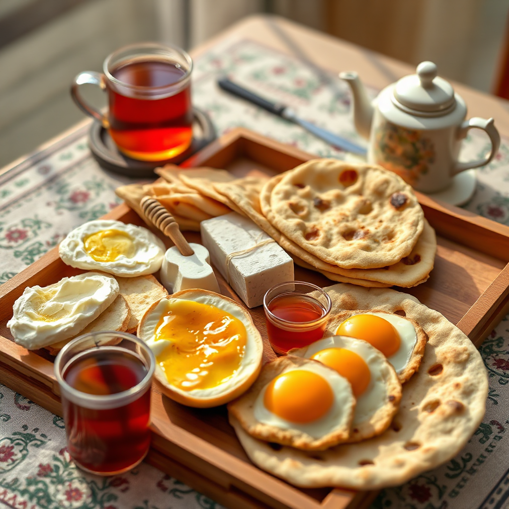 A wooden tray filled with food and tea on a table.