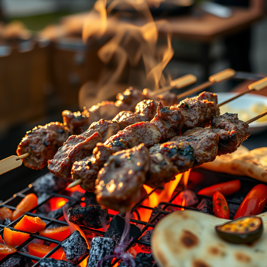 Skewers of meat are cooking on a grill over a fire.