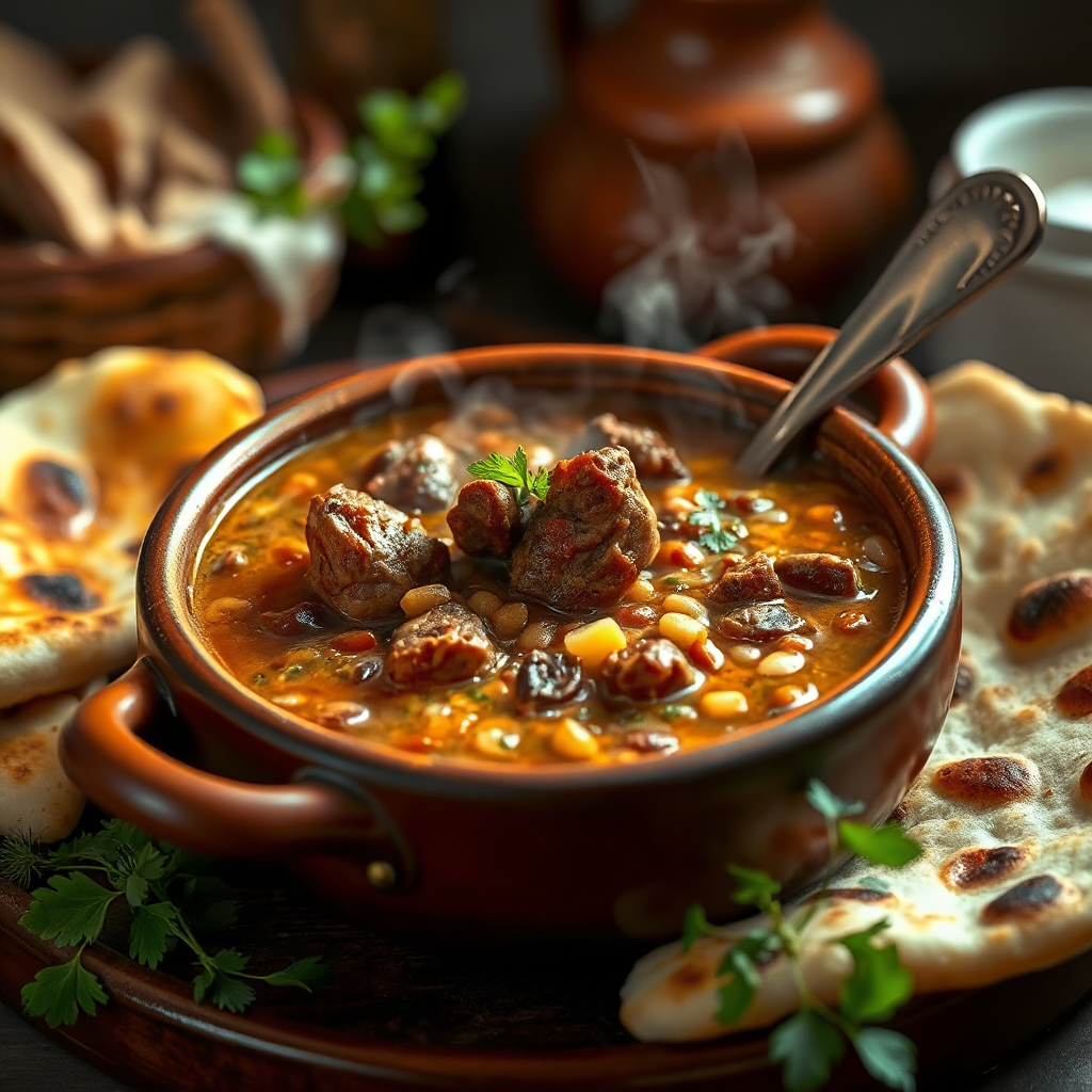 A bowl of soup with meat and beans with a spoon in it