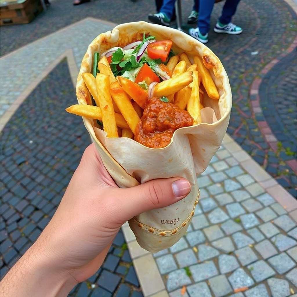 A person is holding a wrap with french fries and meat.