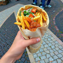 A person is holding a wrap with french fries and meat.