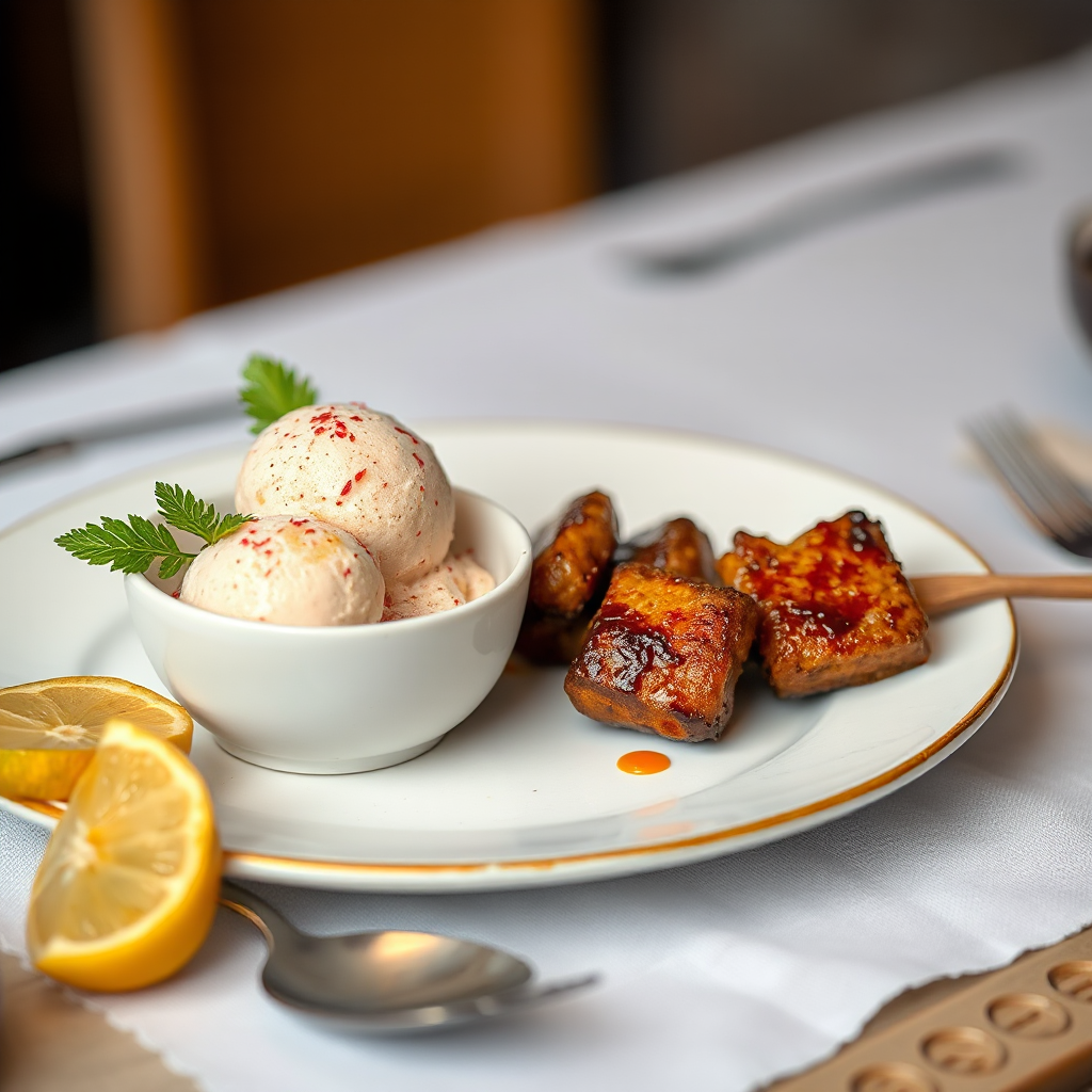 A plate of food with a bowl of ice cream and meat on a table.