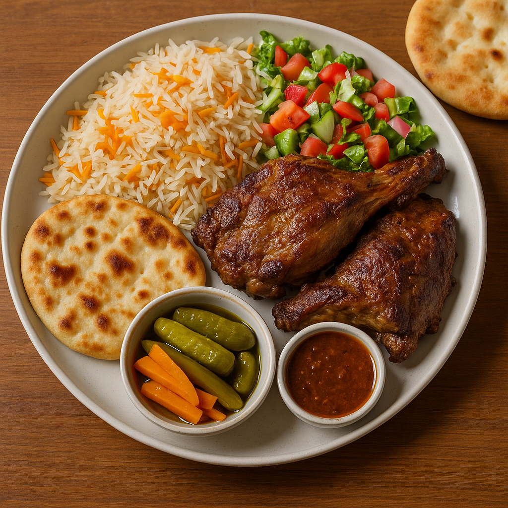 A white plate topped with chicken rice and vegetables
