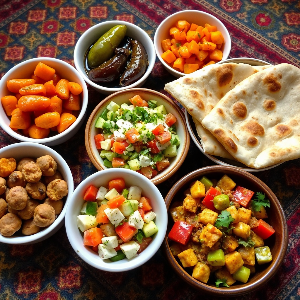 A table topped with bowls of food including naan bread