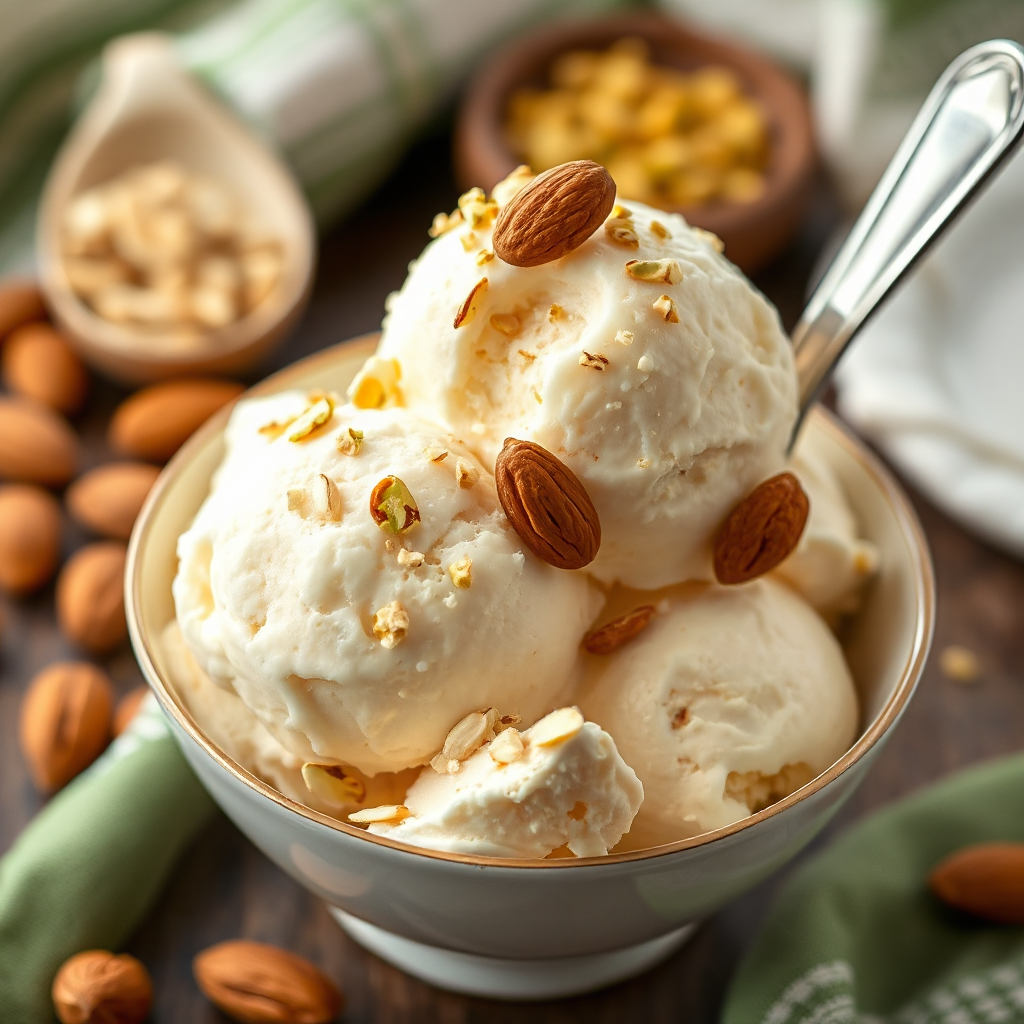 A bowl of ice cream with almonds on top and a spoon in it.