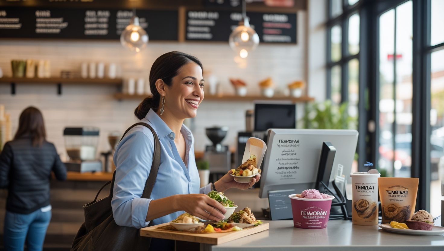 A smiling business owner pick up her temorian order at the restuarant counter , holding a tray with kabab and a cup of sheeryakh A smiling business owner pick up her temorian order at the restuarant counter , holding a tray with kabab and a cup of sheeryakh