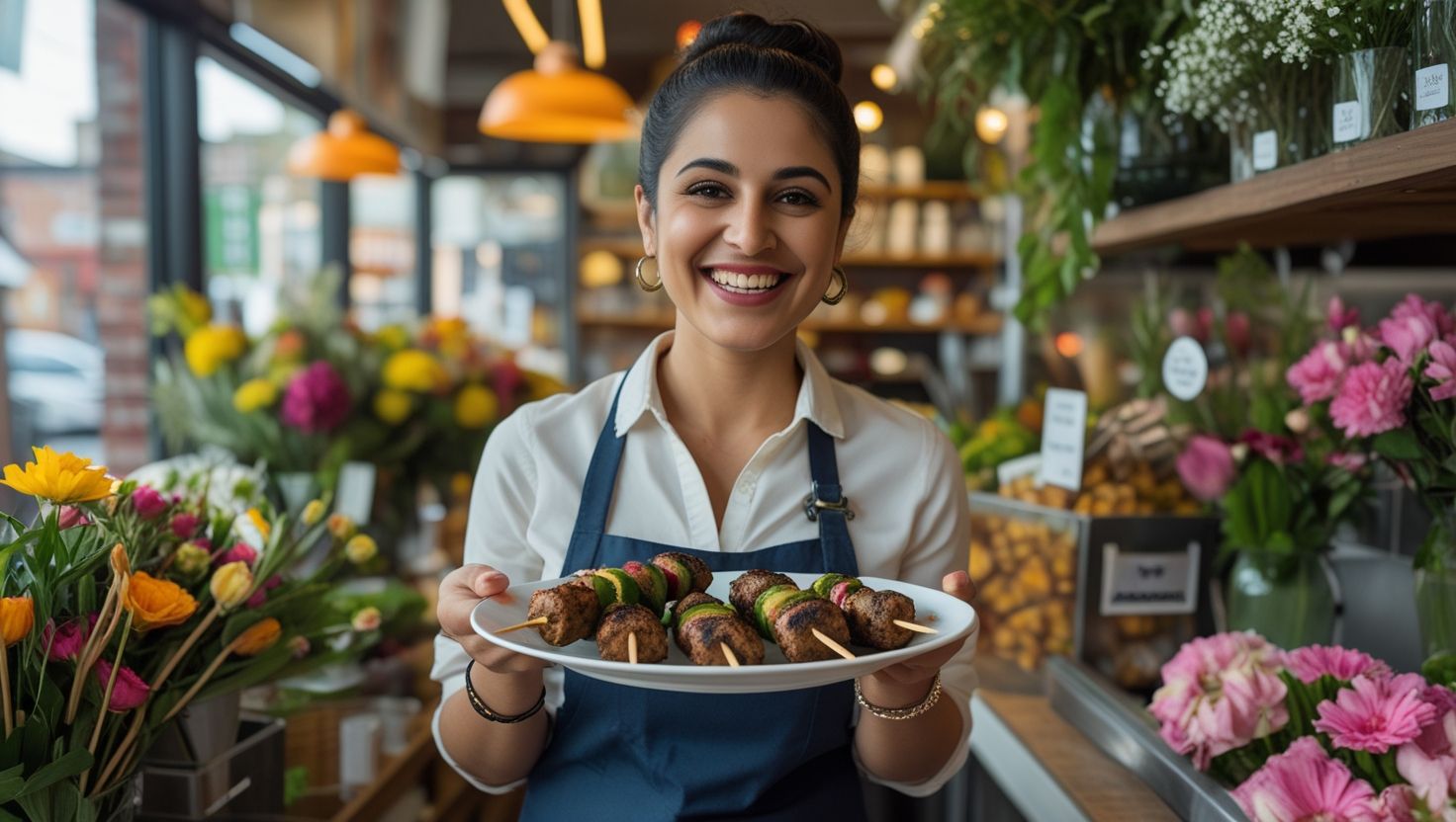 A florist business owner smiling while holding a plate of afghan kabob from temorian restaurant , standing at the flower counter surrounded by vibrant A florist business owner smiling while holding a plate of afghan kabob from temorian restaurant , standing at the flower counter surrounded by vibrant