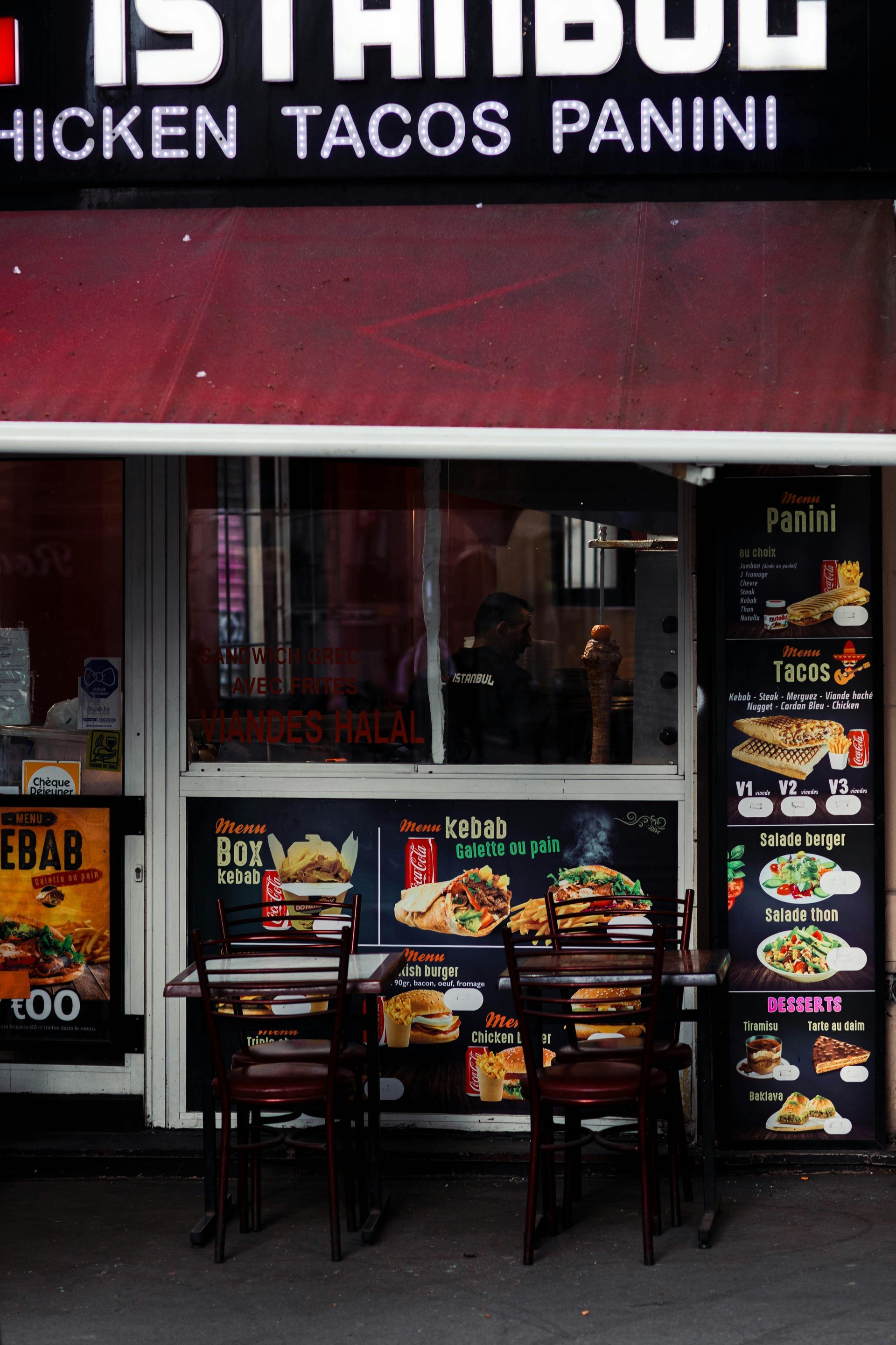 The outside of a restaurant called istanbul chicken tacos panini