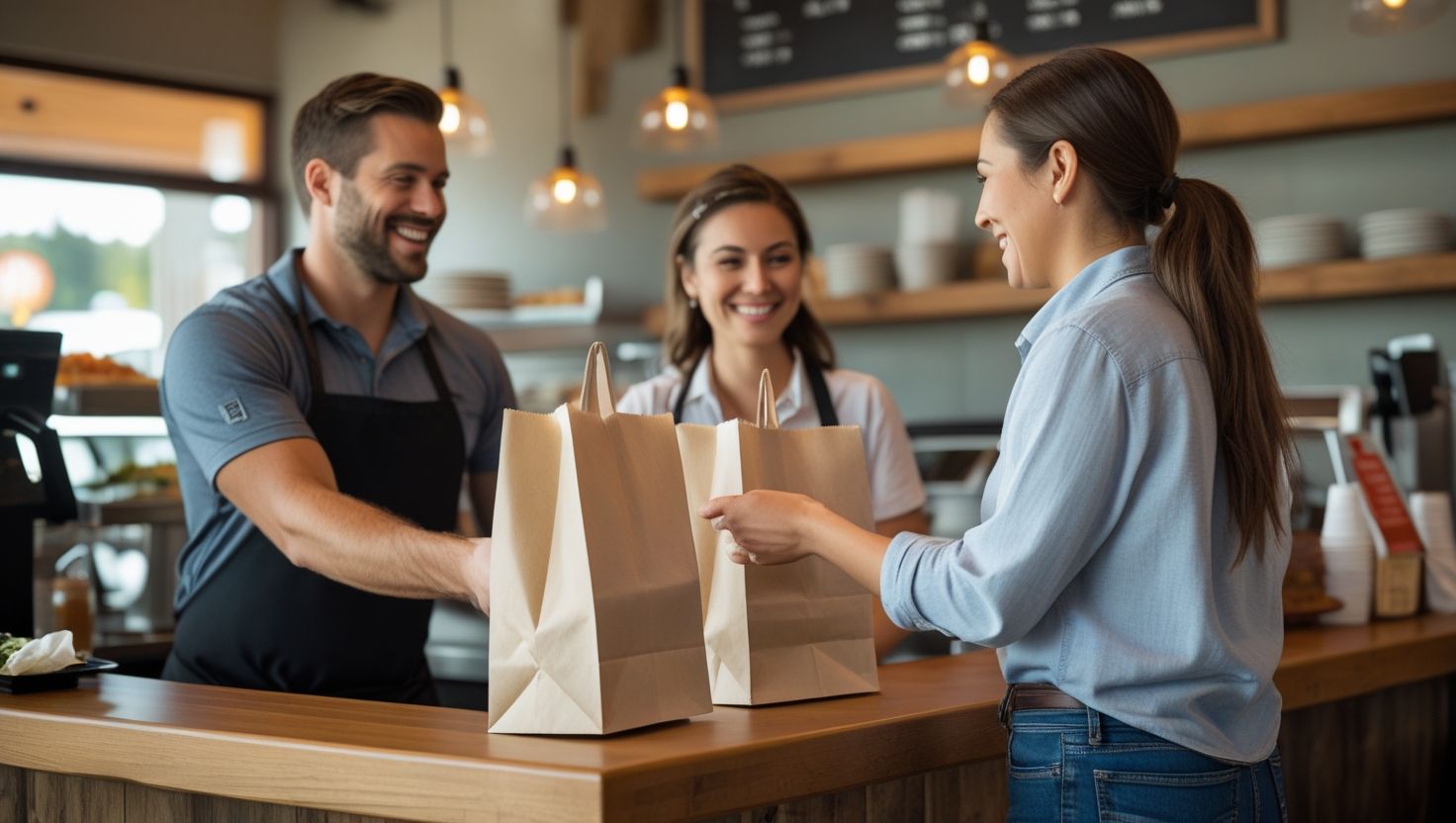 A staffs member at Temorian Restaurant hands a takeout order to a customer the counter with a friendly smile A staffs member at Temorian Restaurant hands a takeout order to a customer the counter with a friendly smile