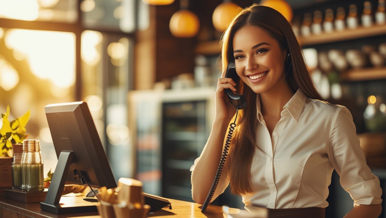 A smiling female staff member at Temorian Restaurant answers a phone call while siting behind the counter with a cheerful face A smiling female staff member at Temorian Restaurant answers a phone call while siting behind the counter with a cheerful face