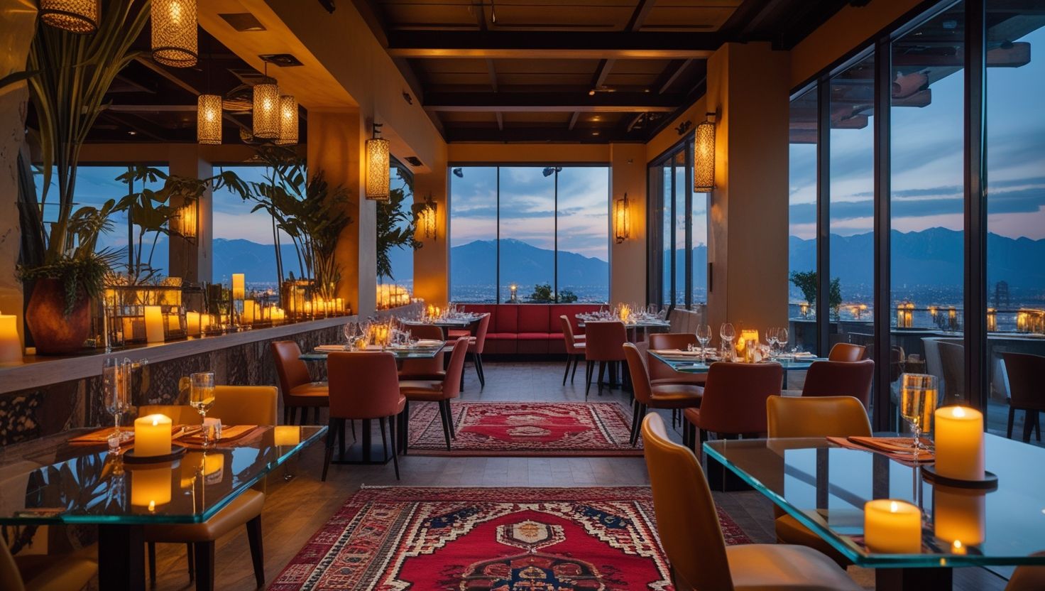 interior of Temorian Restaurant featuring afghan rugs , soft ambient lighting, elegant dining area with scenic views interior of Temorian Restaurant featuring afghan rugs , soft ambient lighting, elegant dining area with scenic views