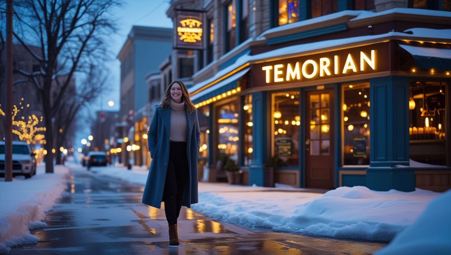 On a snowy Salt Lack City evening , sarah heads toward the warm glow of temorian - a restaurant where the outside chill meets the inside charm. candlelight , laughter , and the scent of winter spice await . Sarah walks out of Temorian onto a snowy salt lake city street , surrounded by warm light and winter charm.