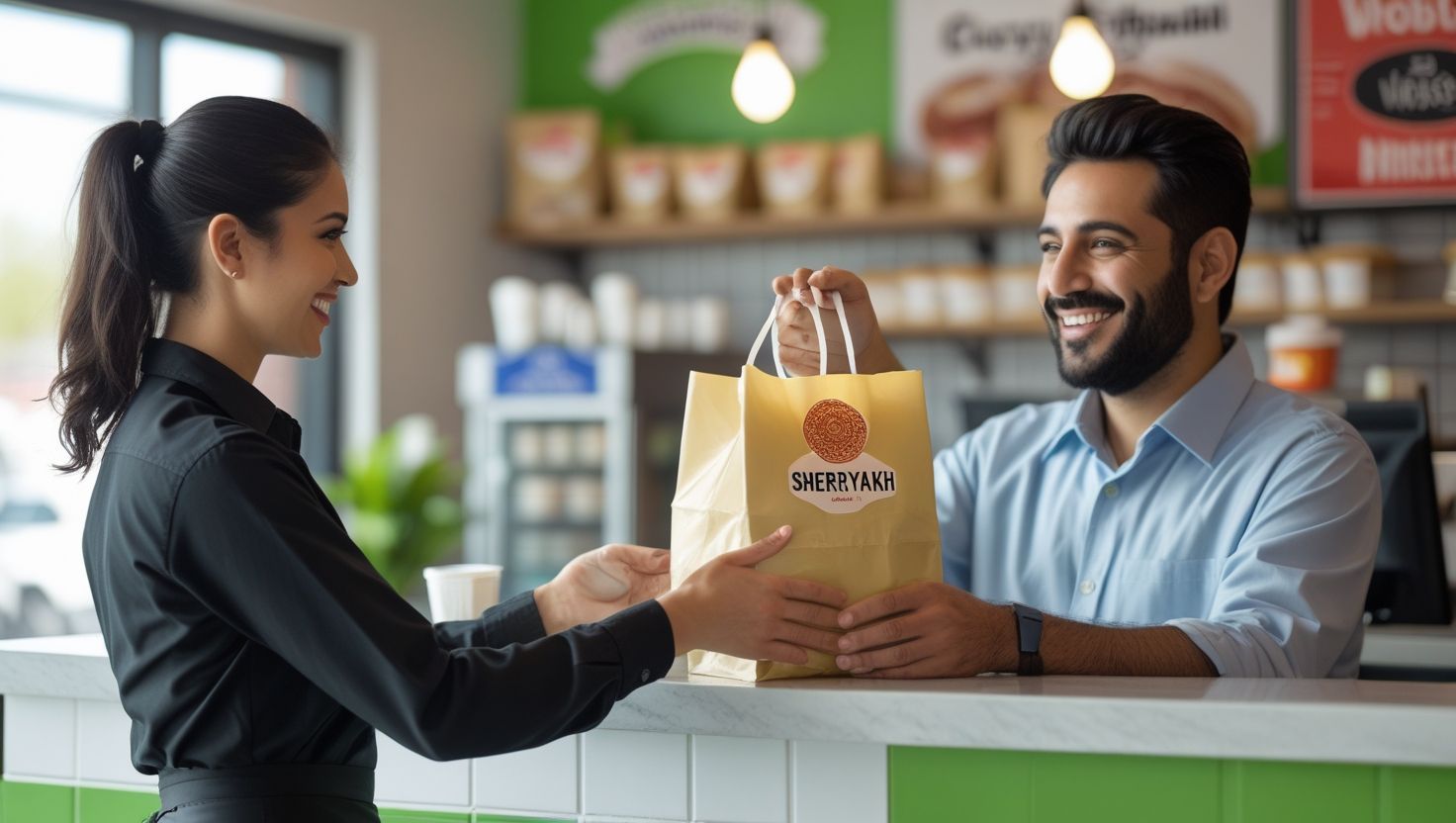 A temorian Restuarant staff member smiling as he hands a takeout bag labeled 'sheryakh' to a happy business owner standing at the counter A temorian Restuarant staff member smiling as he hands a takeout bag labeled 'sheryakh' to a happy business owner standing at the counter
