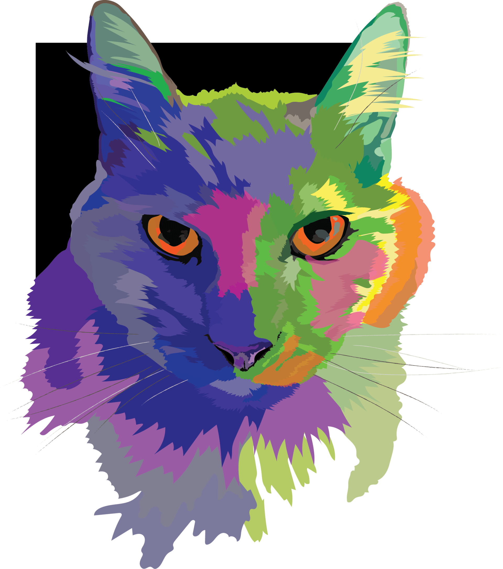 Digital portrait in neon colors featuring Spell the cat