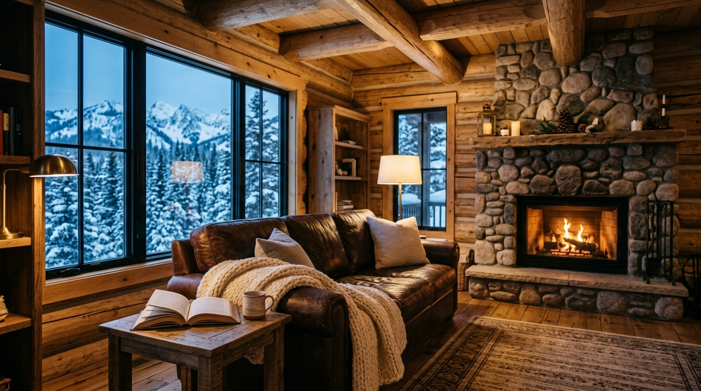 Cozy interior of a Park City short-term rental cabin with fireplace and snowy window view