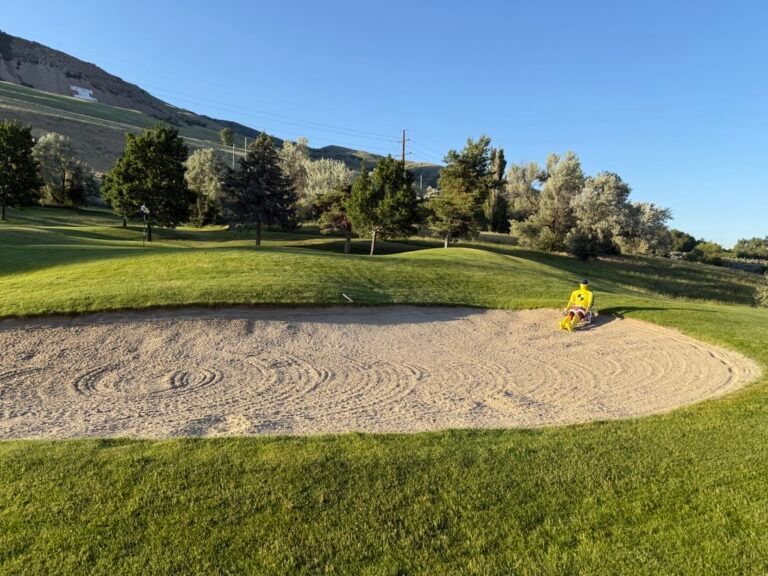 A person in a yellow shirt sits in a sand trap on a golf course with trees and a hillside in the background.