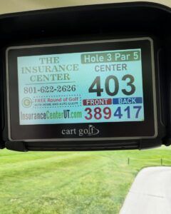 A golf cart GPS screen shows distances to the flag on hole 3: 389 yards to the front, 403 to center, and 417 to the back.