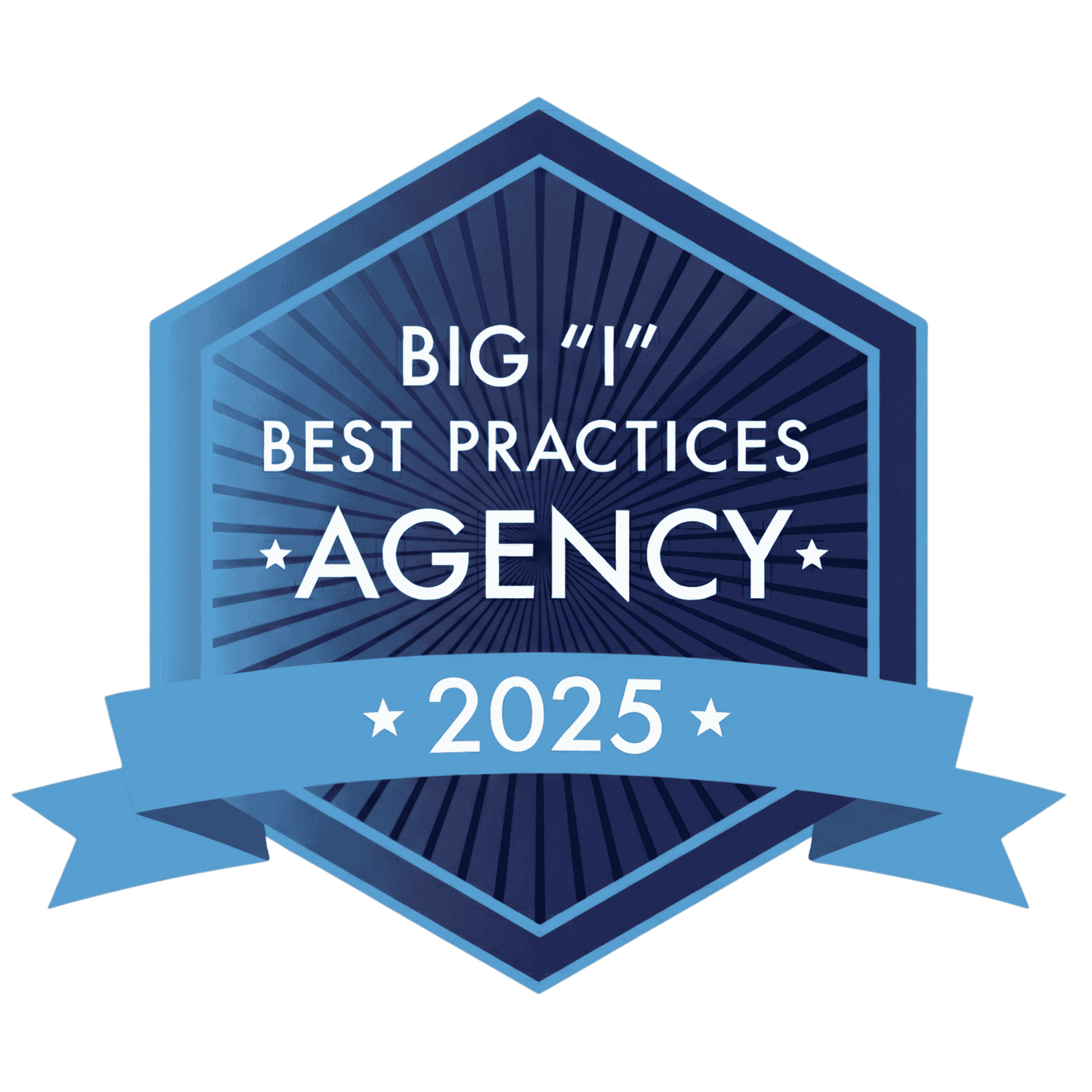 A hexagonal blue and black award emblem that reads 