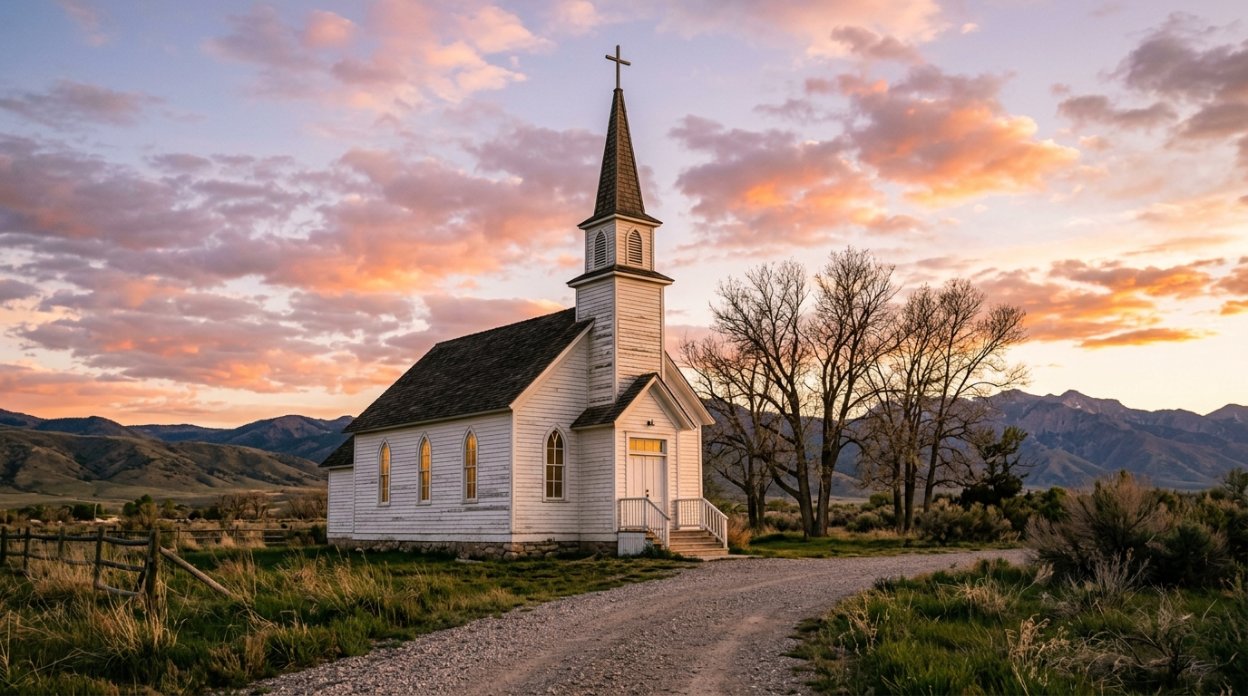 Small Utah-style white clapboard chapel with wooden steeple at sunset with open sky