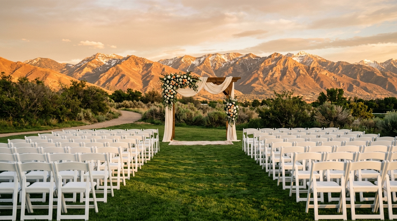 Empty outdoor Utah wedding venue with white chairs and floral arbor at golden hour