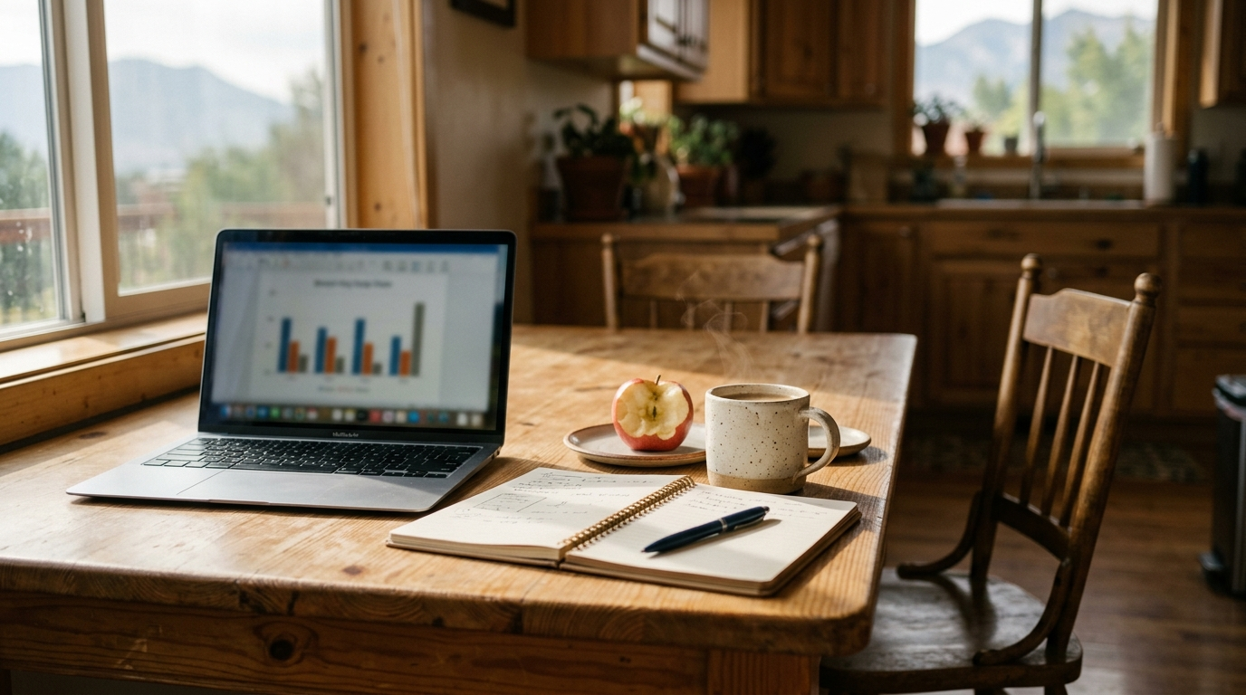 Utah kitchen table with laptop, notebook, pen and coffee mug in warm afternoon light