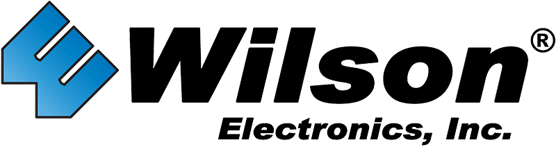 A logo for wilson electronics inc. with a blue arrow