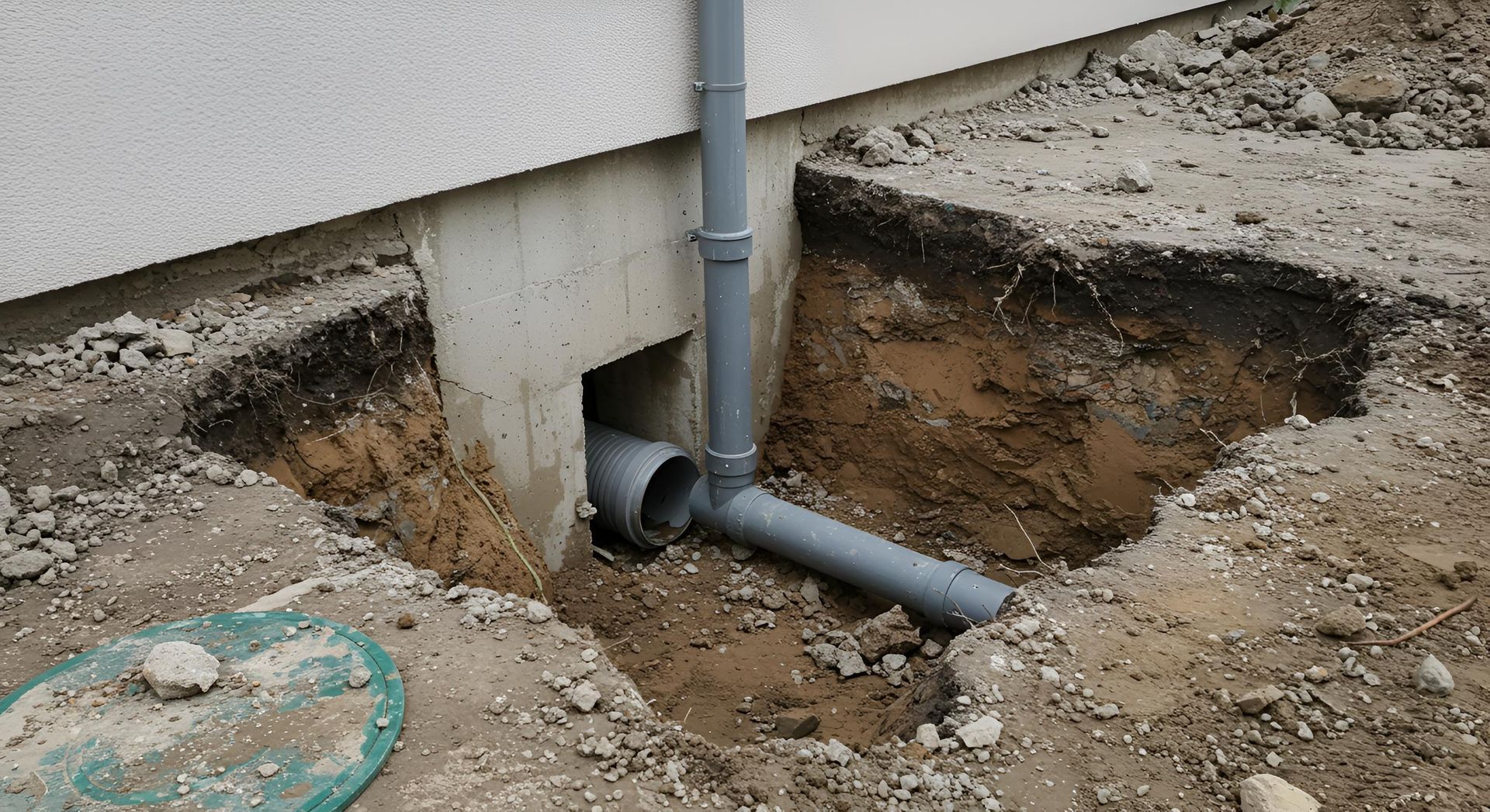 Mur extérieur endommagé avec des tuyaux de drainage cassés apparents et un trou d'excavation boueux à côté d'un bâtiment