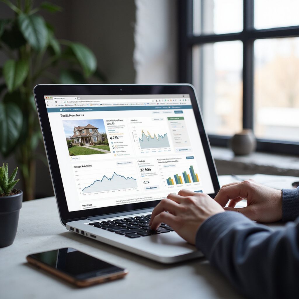 Person using laptop, viewing real estate data, with a house photo and charts displayed. A smartphone sits nearby.
