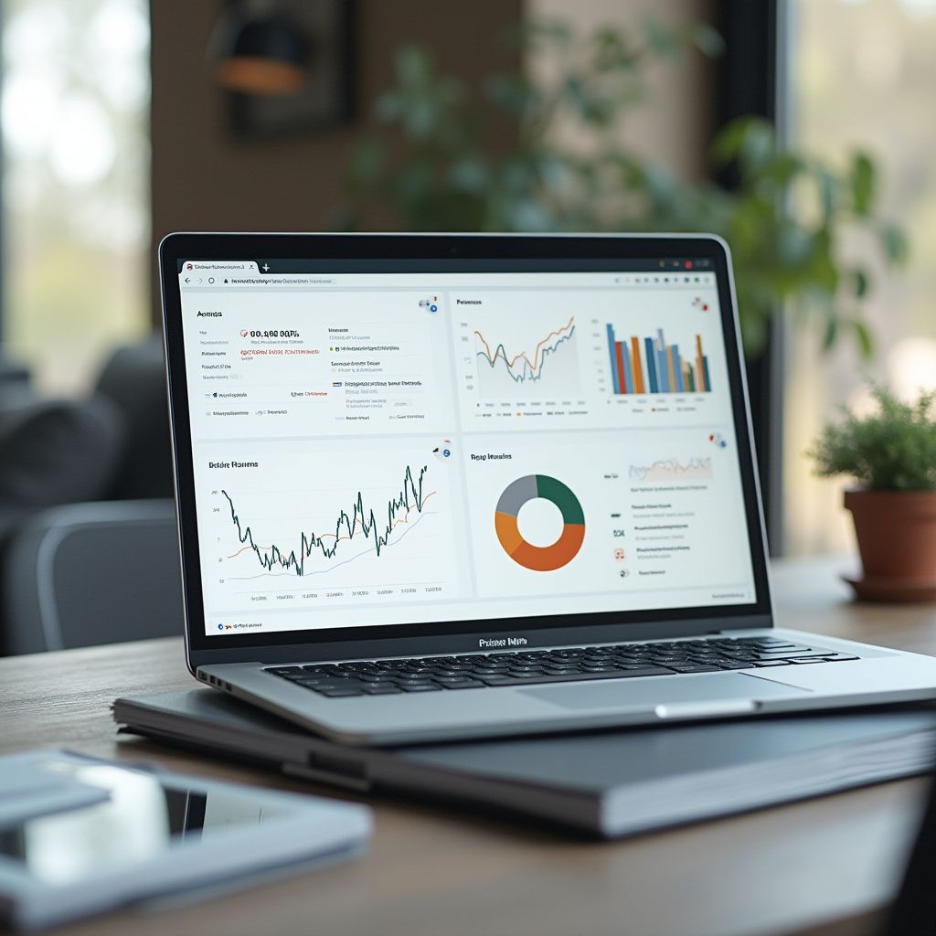 Laptop displaying financial charts and graphs on a desk with a plant.