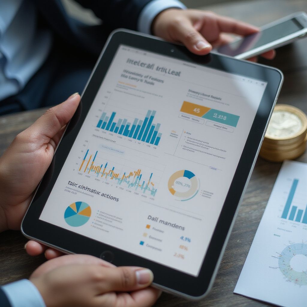 Person holding a tablet displaying financial charts and data analysis. A phone and printed report are also present.
