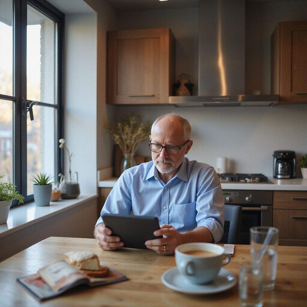 Man in blue shirt using tablet at a kitchen table; coffee, bread, and water present.