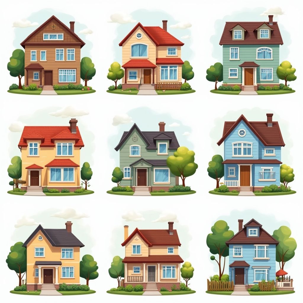 Nine cartoon houses in various styles with trees and lawns.