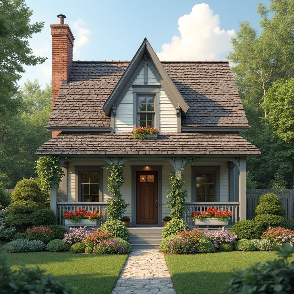 Charming cottage with a stone path, lush garden, and red brick chimney.