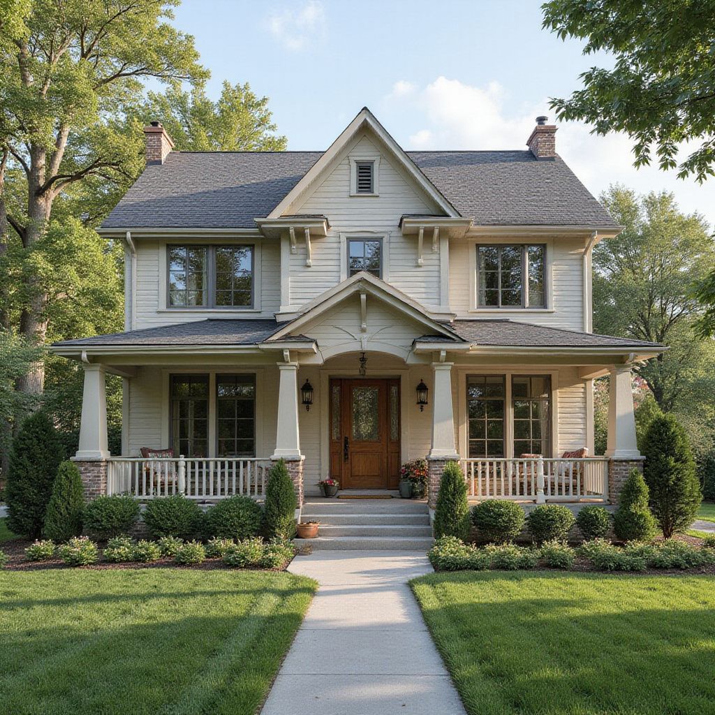 Two-story beige house with gray roof, porch, and a walkway leading to the front door, set in a green yard with trees.