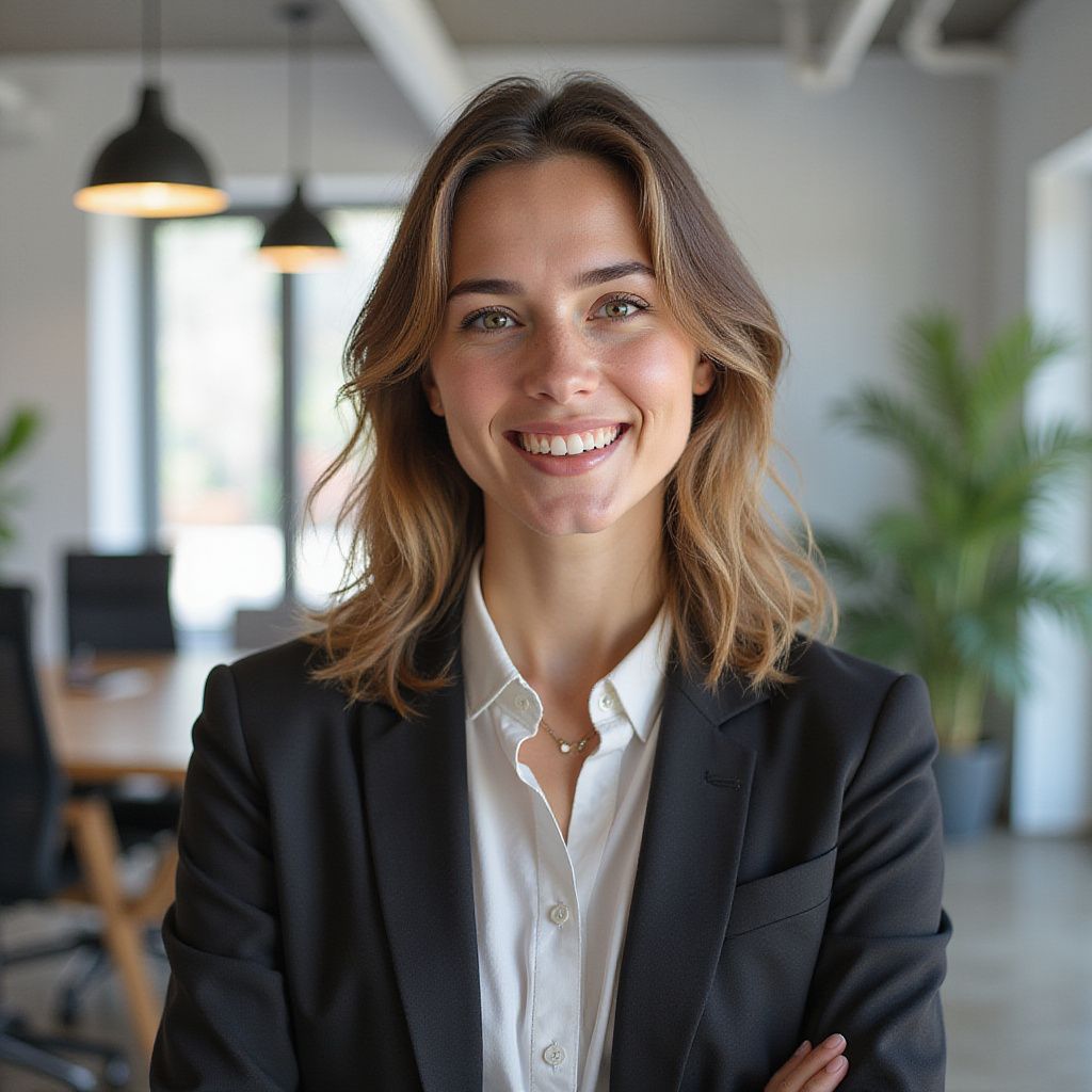 Woman in business suit smiling in an office setting.