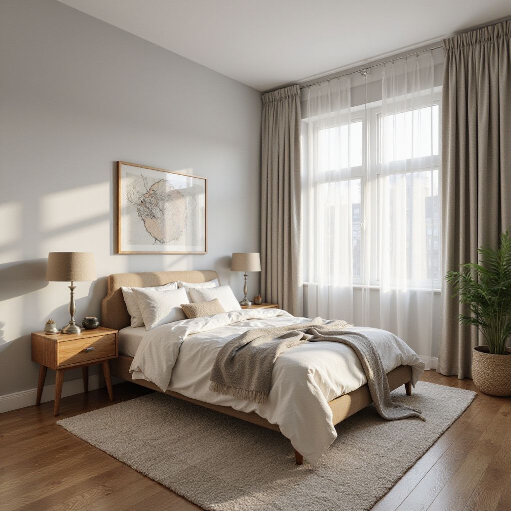 Bedroom with bed, nightstands, window, artwork, rug, and potted plant.